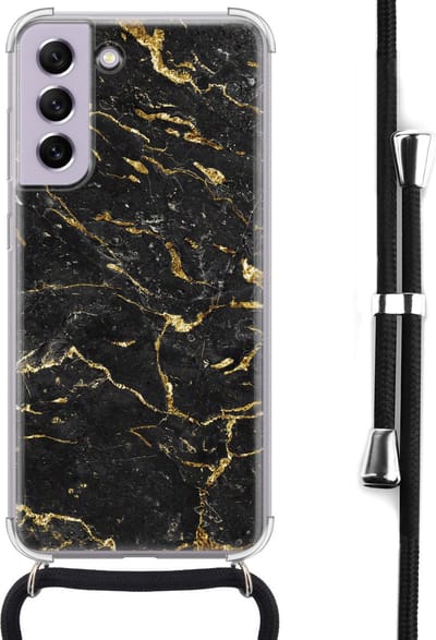 Hoesje met koord - Geschikt voor Samsung Galaxy S21 FE - Marmer zwart goud - Verstelbaar zwart koord - Crossbody - Marmer - Zwart, Transparant, Goud - Leuke Telefoonhoesjes