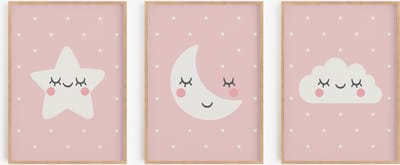 Babykamer/kinderkamer posters - 3 Posters - Roze - 30x40 cm - Wolk, ster, maan