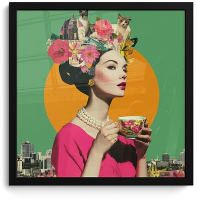 Poster in lijst - Fotolijst 40x40 cm - Posters - Retro - Vrouw - Stad - Zon - Posterlijst zwart - Decoratie - Wanddecoratie woonkamer - Muurdecoratie slaapkamer