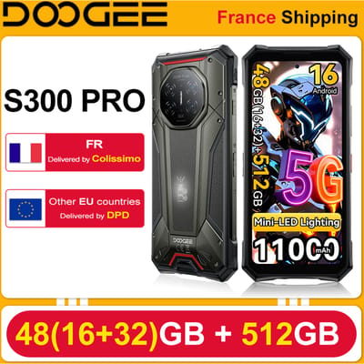 Robuuste smartphone DOOGEE S300 Pro, 48GB (16+32) + 512GB, 5G, NFC, Dimensity 8300, 11000mAh batterij, 66W opladen, 6,78-inch IPS FHD+ 120Hz-scherm, 200MP camera, Android 16, Mini-LED-verlichting