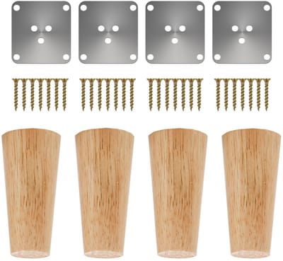 Dailygoods - 4 stuks houten tafelpoten, massief houten kegelvormige vervangende meubelpoten, sofapoten, sokkelpoten, tafelpoot van eikenhout, meubelpoten met montageplaten en schroeven voor stoelen en sofa, bed