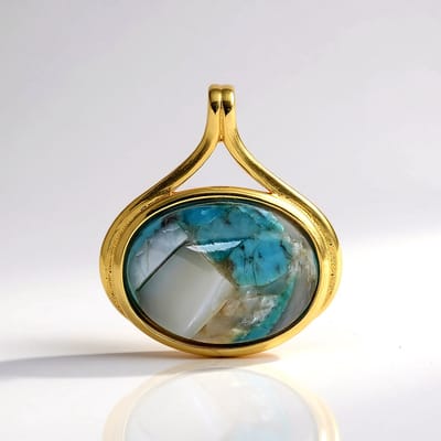 Cavill - Vergulde 925 Sterling Zilver Hanger - 5,85 ct Turquoise Mozaiek Ovaal Cabochon - Elegant Tijdloos Sieraad 22,5x19,5 mm