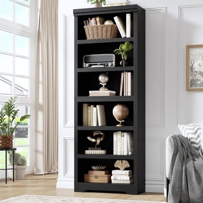 Hoge Boekenkast met 6 Planken - Zwart Open Vakkenkast met Verstelbare Planken - Opbergkast voor Woonkamer, Kantoor & Slaapkamer - 190 cm Hoog