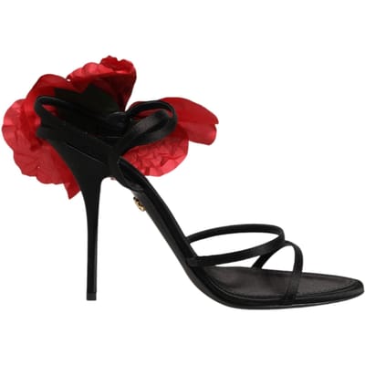 Dolce & Gabbana Zwarte Leren Strap Sandalen met Bloemen Heels Schoenen