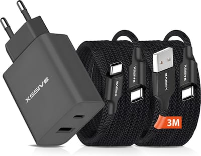 Snellader 2 Poorten met USB C Kabels 3 Meter - Universeel