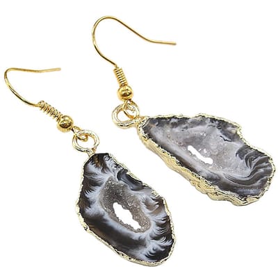 Edelstenen oorbellen Gold Ice Quartz - oorhanger - Goud - Edelstaal - IJskwarts - zwart - grijs