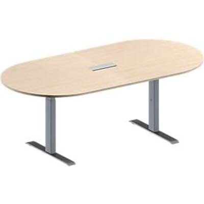Schäfer Shop Genius Vergadertafel MODENA FLEX, in hoogte verstelbaar, 3-voudige contactdoos, ovale vorm, T-poot rechthoekige buis, B 2000 x D 1000 mm, esdoornpatroon