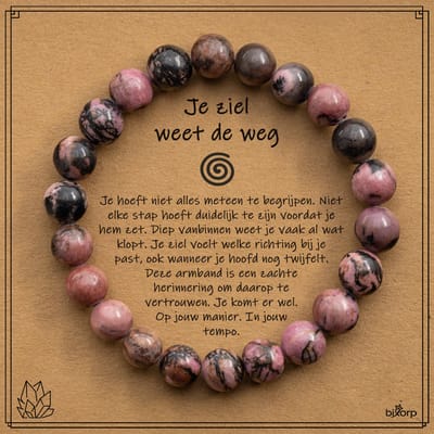 Bixorp Matrix Rhodoniet Armband op Cadeau kaartje - Je ziel weet de weg - 8mm / 17cm Edelsteen Kralenarmband - Inclusief Cadeau Envelop