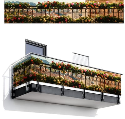 Balkonscherm 500x100 cm - Balkonposter Bloemen - Hek - Stadszicht - Zomer - Balkon scherm decoratie - Balkonschermen - Balkondoek zonnescherm