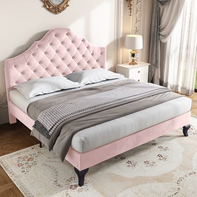 MEUNIQ Polsterbed 140x200 cm met lattenbodem en verstelbaar hoofdbord, tweepersoons bedframe van fluweel voor slaapkamer, roze