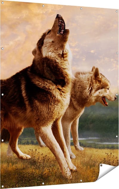 Gards Tuinposter Twee Wolven op het Gras - 120x160 cm - Tuindoek - Tuindecoratie - Wanddecoratie buiten - Tuinschilderij