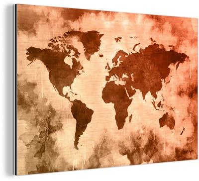 Aluminium schilderij 150x100 cm - Wanddecoratie metaal - Wereldkaart - Rood - Bruin - Metalen muurdecoratie woonkamer - Decoratie industrieel - Foto op dibond - Industriële accessoires slaapkamer