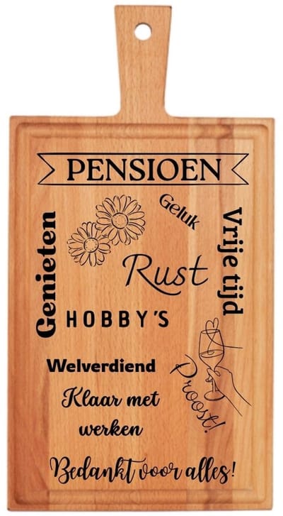 Pensioen! - JM Woods Borrelplank – 38x20x2 cm – Pensioen cadeau – Gepensioneerd - Origineel Kado - AOW - Gravure met humor – Sabliem