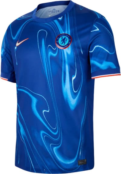Nike Chelsea F.C.. 2024/25 Stadium Thuisshirt met grafische print, logo, ronde hals, korte mouwen, voetbalshirt voor heren, tops, Impact-Blauw, Team-Oranje, Wit FN8779-496 XL blue