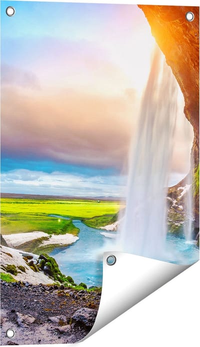 Gards Tuinposter Waterval van een Klif bij Zonsondergang - 40x60 cm - Tuindoek - Tuindecoratie - Wanddecoratie buiten - Tuinschilderij