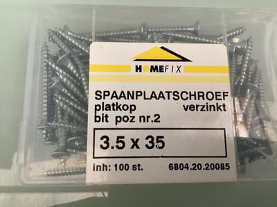 Homefix hout schroef. 3.5 x 35 mm platkop kruis kop. Verzinkt. 100 Stuks spaanplaat schroeven