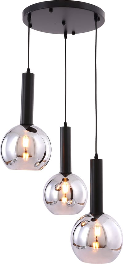MBC Light 3B - Hanglamp BULBS- Smoke spiegel Bollen - 3 bollen - 20cm Glazen Bollen - met 20cm lang zwarte kokers