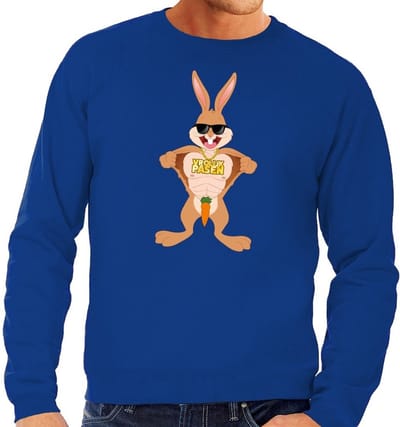 Blauw Paas sweater stoere paashaas - Pasen trui voor heren - Pasen kleding S