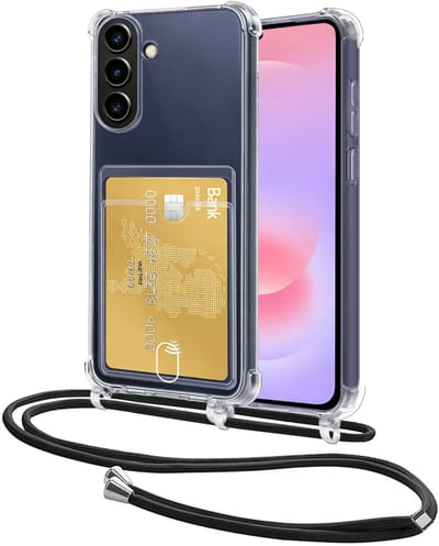 Hoes Geschikt voor Samsung Galaxy A37 Hoesje Pasjeshouder Cover Met Koord Shock Proof Case Siliconen Hoes Met Telefoonkoord en Kaarthouder - Transparant