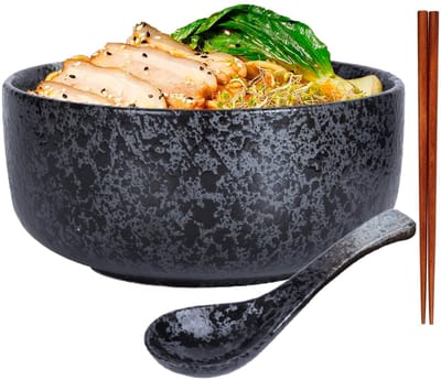 Ramenkom,Japanse kom keramiek, ramenkom met lepel, eetstokjes, ramenkom, soepkommen, porselein, slakommen (Zwart)