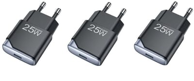 3 stuks OneOne 25W snellader met USB C poort. PD PPS Quick Charge lader. Platte GAN oplader adapter past op Samsung Galaxy A02s, A03s, A04, A05s, A13, A23, A52s, A21s, F06, Galaxy Note 7, Note 8, Note 9, F41, M33, M23, M35