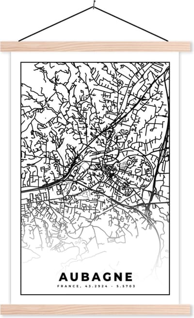 Posterhanger incl. Poster 40x60 cm - Schoolplaat - Plattegrond - Kaart - Frankrijk - Stadskaart - Aubagne - Zwart wit - Textielposter - Blanke latten - Stadskaart