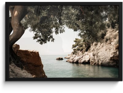 Poster in lijst - Fotolijst 60x40 cm - Posters - Rotsen - Zee - Boom - Groen - Posterlijst zwart - Decoratie - Wanddecoratie woonkamer - Muurdecoratie slaapkamer