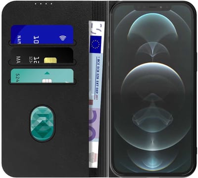 Geschikt voor iPhone 12 Pro Max Telefoonhoesje Zwart Kunstleer Met Magnetische Sluiting - Portemonnee BookCase Met Pasjeshouder - ProtX