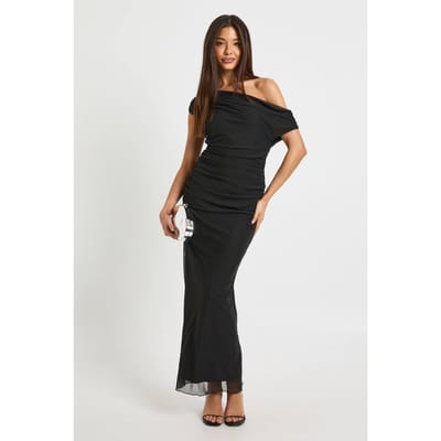 boohoo Dames Off-shoulder mesh maxi jurk | Zwart | Maat: 36