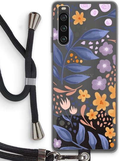 Case Company® - Hoesje met koord geschikt voor Sony Xperia 10 IV hoesje met Koord - Flowers with blue leaves - Telefoonhoesje met Zwart Koord - Bescherming aan alle Kanten en Over de Schermrand