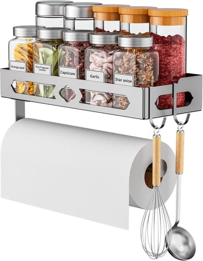 Famanu – Multifunctionele keukenrolhouder zonder boren, met kruidenorganizer en haken, voor wandmontage