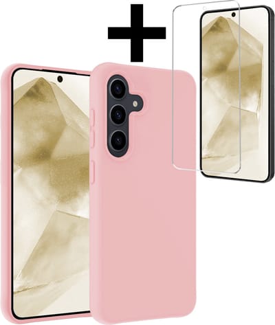 Hoesje - Met Screenprotector - Geschikt voor Samsung Galaxy A55 - Sterk & Shockproof - Back Cover - Siliconen Case - Telefoon Hoes - Telefoonhoesjes - Lichtroze