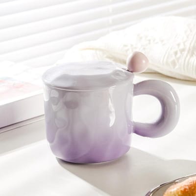 Tasse en Céramique à Gradient de Haute Valeur Design de Niche Mug avec Couvercle Cuillère pour Filles Tasse à Café Tasse à Boire pour Couple 401-500ml
