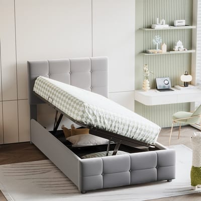 MEUNIQ kinderbed 90x200 cm met hydraulische opbergruimte, verstelbaar hoofdeinde, lattenbodem en zachte stof, eenpersoons bed voor kinderkamer, grijs