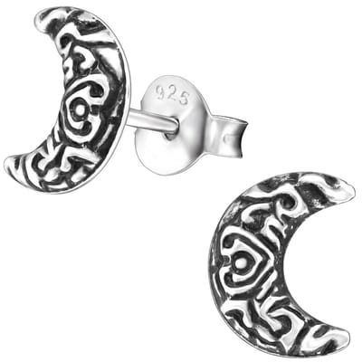 Joy|S - Zilveren Bali maan oorbellen - 8 mm - geoxideerd