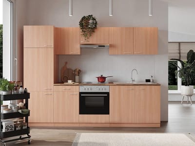 Goedkope keuken 270 cm - complete keuken met apparatuur Gerda - Beuken/Beuken - elektrische kookplaat - afzuigkap - oven - spoelbak