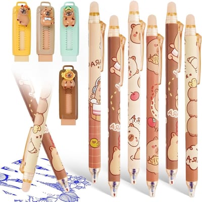 Pen Set met 4 Uittrekbare Gummen en 6 Uitwisbare Balpennen 0.5mm Inkt voor School en Feestjes