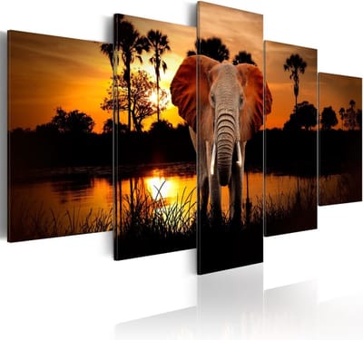 Schilderij - Olifant bij een meer met ondergaande zon , 5 luik