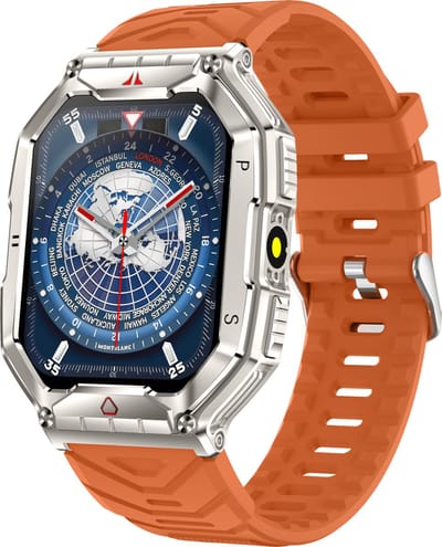 Knobbout 2.1” Scherm (3.4*4.2cm) Groot Outdoor Smartwatch – Barometer, LED-Zaklamp- Bluetooth Bellen- Kompas & Hoogtemeter- AI spraakassistent -Hartslag & SpO₂ - 650mAh Batterij - 1ATM Waterdicht - Oranje siliconen horlogeband