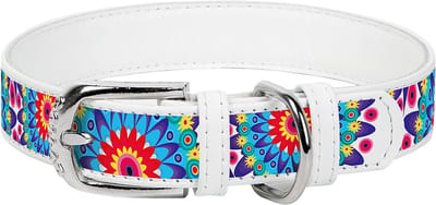 WAUDOG Flower Halsband / Hondenhalsband - Echt Leder - Wit - Full Colour Print - Breedte: 12 mm - Nekomtrek: 19 - 25 cm (GELIEVE ALVORENS BESTELLEN OPMETEN)
