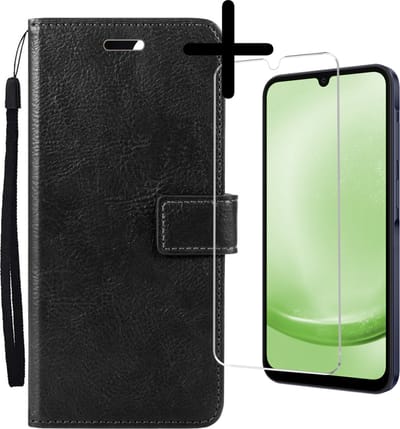 Hoesje Met Screenprotector - Geschikt voor Samsung Galaxy A25 - Luxe Pasjeshouder - Bookcase Portemonee - Flip Case - Kunstleer Book Case - Flipcase - Book Cover - Walletcase - Portemonneehoes - Zwart