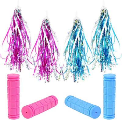 Set van 4 Fietsaccessoires voor Kinderen: Stuur Grips, Glitter Streamers en Luchtband Versiering