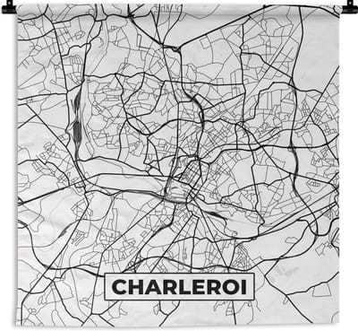 Wandkleed - Wanddoek - Stadskaart – Plattegrond – België – Zwart Wit – Charleroi – Kaart - 180x180 cm - Wandtapijt