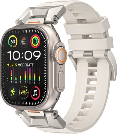 Stravo Fluorrubber Horlogebandje – Geschikt voor Apple Watch 46mm (Series 11/10), 45mm (Series 9/8/7), 44mm (Series 6/5/4, SE 3/2/1), 49mm (Ultra 3/2/1) – Rugged Sportbandje met Metalen Connector – Starlight