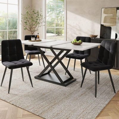 Eetkamer set - MUVOE - 5-delig - Witte rechthoekige tafel - 4 zwarte stoelen - 6 zitplaatsen