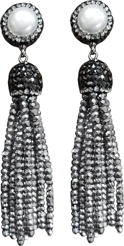 Zoetwater parel oorbellen Bright Pearl Silver Crystal Tassel - oorstekers - echte parels - wit - zilver - stras steentjes - kwastje