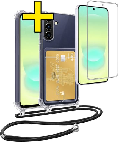 Hoesje Geschikt voor Samsung A37 Telefoonhoesje Met Koord Case Pashouder Met Screenprotector Siliconen - Hoes Geschikt voor Samsung Galaxy A37 Hoesje Met Kaarthouder - Transparant