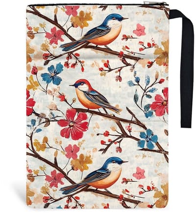 Dailygoods- Boekhoes Polyester - Vogels/Bloemen Design - 34 x 24 cm - Boekomslag - Boekbeschermers - Rits/Voorvak - Uniek Ontwerp