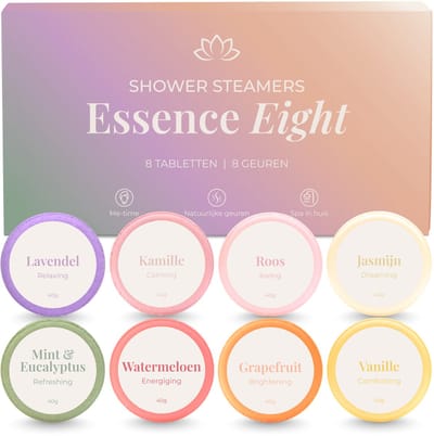 JT Products Shower Steamers Essence Eight 8 Stuks - Douche Steamer Bomb - Stoomtabletten Geschenkset - Douchebommen Bruisbal - Wellness Aroma Gift - Bruisballen Tablet Geur Verspreider - Spa Stoom Tabletten Kado - Aromatherapie Pakket - Cadeau Vrouw