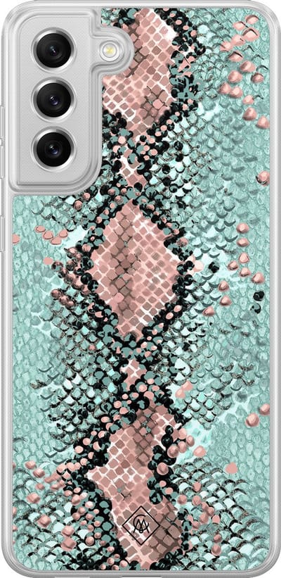 Casimoda® hoesje - Geschikt voor Samsung Galaxy S21 FE - Slangenprint pastel mint - 2-in-1 case - Schokbestendig - Slangenprint - Verhoogde randen - Groen, Transparant